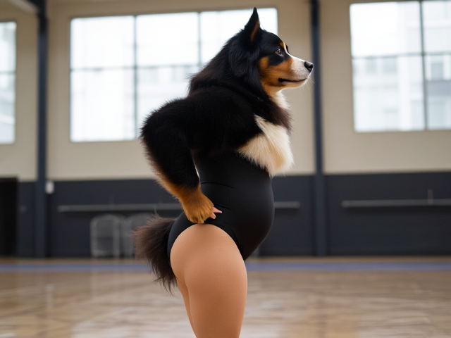A anthropomorphic Bernese mountain dog with large hips wearing a gymnastics leotard in a gymnasium