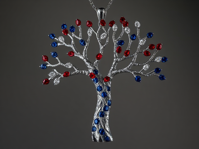 silver tree pendant necklace, intricately crafted with exquisite detail, the trunk and branches are made from red painite and blue sapphires, creating a pattern like a candy cane, dazzling diamonds elegantly set as leaves, sophisticated design, soft ambient lighting highlighting craftsmanship, macro focus capturing every facet and sparkle, elegant branches extending gracefully from the trunk, sparkling light reflections on polished metal, delicate engravings on the bark, lifelike textures with hyper-realistic shadows