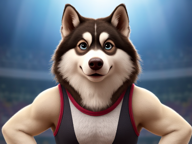 A Alaskan malamute Olympic gymnast with broad shoulders wearing a leotard