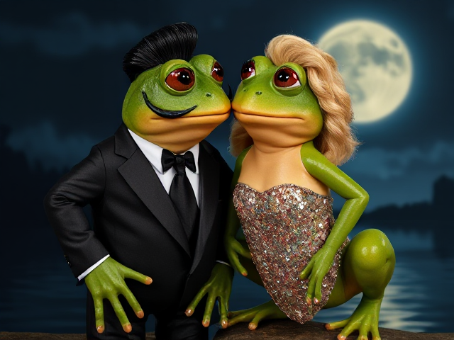 A frog wearing a dark suit with slicked-back Elvis Presley hair, a handlebar mustache, and polished shoes, standing next to another frog in a strapless sequined dress with big eyelashes, blonde curly hair, and high heels. Their lips are puckered as if to kiss, with their eyes bulging out against a romantic moonlit background