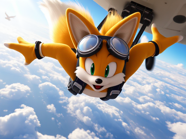 Miles Tails Prower, the two-tailed anthropomorphic fox from the Sonic the Hedgehog video game series, skydiving from a plane with his tails spinning rapidly for control, diving straight downwards at a 90 degree angle with a determined expression on his face. The background is vibrant and colorful, depicting a bright sky and fluffy clouds, with rays of sunlight breaking through the clouds and some birds flying in the distance. His fur is detailed and his goggles reflect the light beautifully, adding to the dynamic feeling of his dive