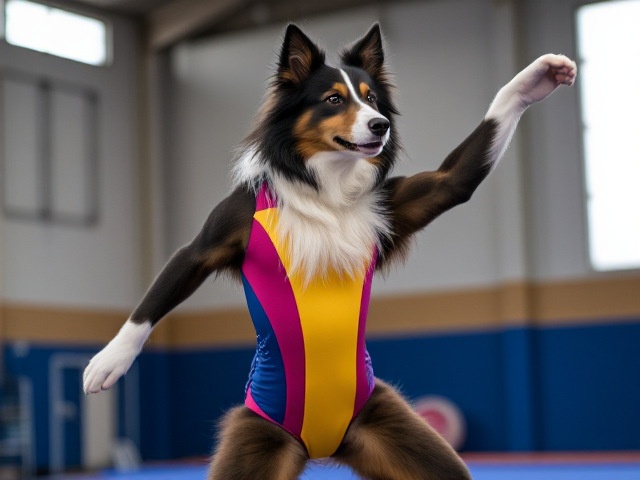 Anthropomorphic Rough Collie wearing a vibrant gymnastics leotard, posing dynamically in a gym setting, detailed fur texture and realistic lighting