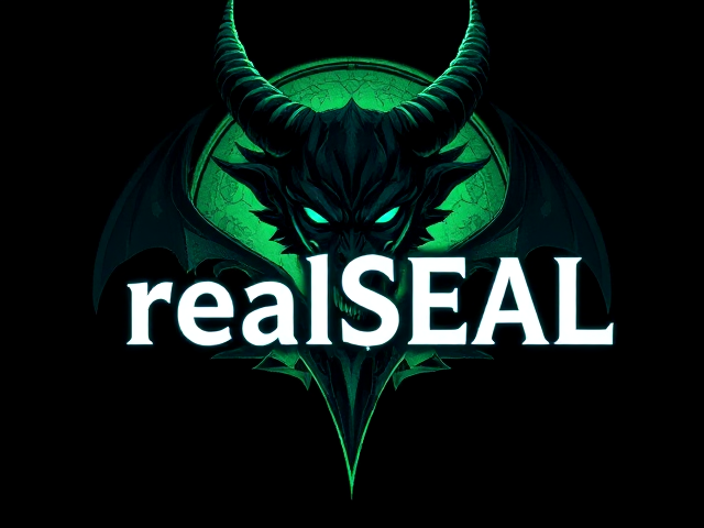 , text that says realSEAL in the middle with a demon or other mystical beings head above or behind it, color scheme: black, green, blue and white