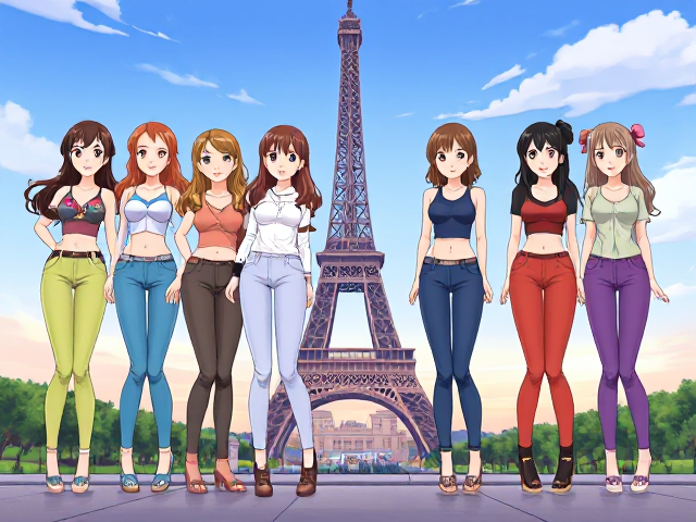 10 animated girls with a youthful appearance, wearing fashionable pants, standing gracefully against a backdrop where they appear taller than the Eiffel Tower