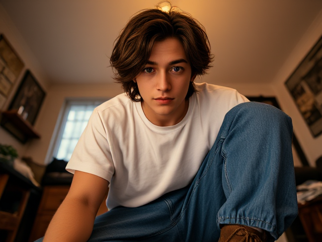 Sceencap of a Maori, European, 18 year old male, with greyish blue eyes, shaggy wavy hair, with wavy brown shaggy bangs, silver eyebrow piercing, and cross piercing on left ear, wearing a white baggy t-shirt, blue baggy jeans, and brown leather boots., wide angle, full body portrait