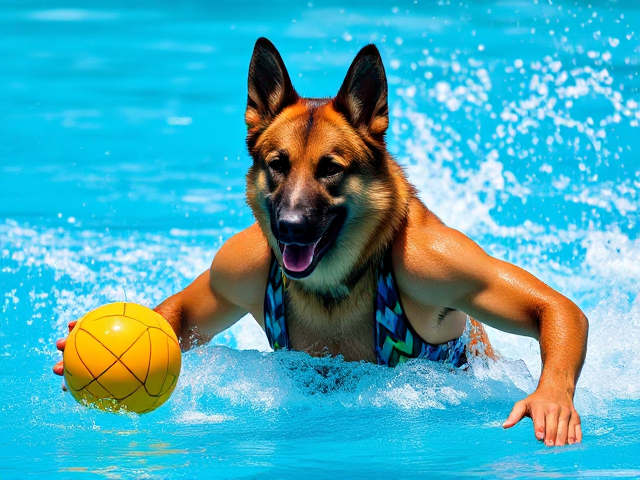 Anthropomorphic German shepherd playing water polo, intricately detailed swimsuit design with unique geometric patterns, shimmering scales, muscular and athletic physique with defined muscles, dynamic and powerful pose capturing mid-action, sunlight glistening on the textured wet fur highlighting each strand, vibrant and colorful aquatic setting with dynamic splashes of water droplets reflecting light, vivid background with realistic waves