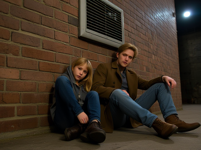 a petite, 13-year-old girl with strawberry blonde hair, wearing jeans and a hooded pullover, sits slumped with her back against a brick wall, feet forward, legs outstretched. Next to her sits a modern-day male vampire, 28 years old, with pale skin and blonde hair, dressed in jeans and a brown trenchcoat. The vampire is slumped against the wall as well, feet forwards, legs outstretched. The girl has a forlorn look and rests her head on the vampire's shoulder. Set at night in an abandoned warehouse, in a holding room with no windows. The vampire is roughed up from a fight. Both have their backs against the wall. 
The vampire looks straight ahead, worried. Above them on the wall is a large ventilation register.