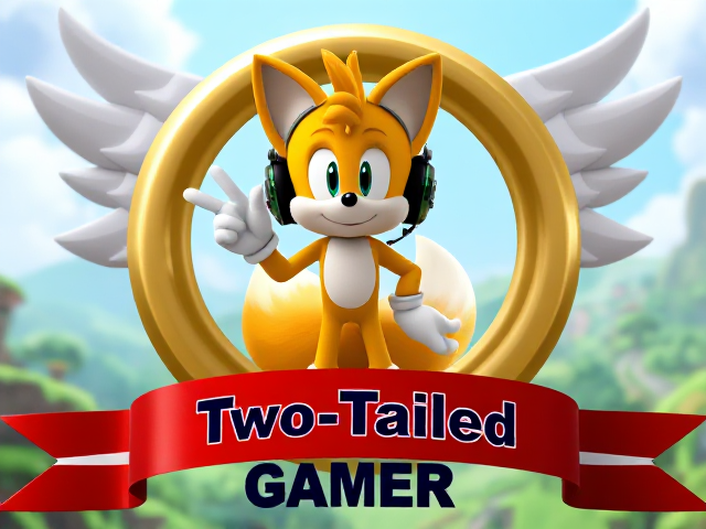 A close up of Miles Tails Prower the Two Tailed Anthropomorphic fox standing in a depiction of a zone that closely resembles the iconic Green Hill Zone from the Sonic the Hedgehog video game series. In the center is a giant gold ring with large angel wings on either side. Miles "Tails" Prower is standing inside the ring, leaning on one side while wearing a gaming headset. Tails is giving a peace sign with his hand. Underneath the ring is a red and white banner with the words "Two Tailed Gamer" on it