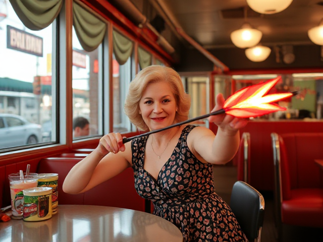 old lady in an old fashioned diner with a flaming bow and arrow