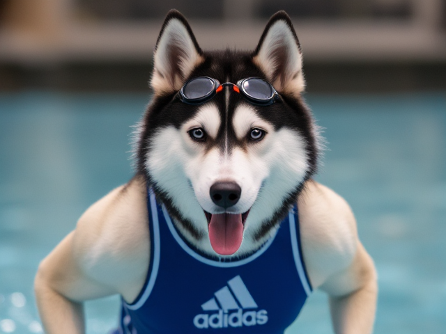 A anthropomorphic Siberian husky wearing an adidas swimsuit and swimming goggles