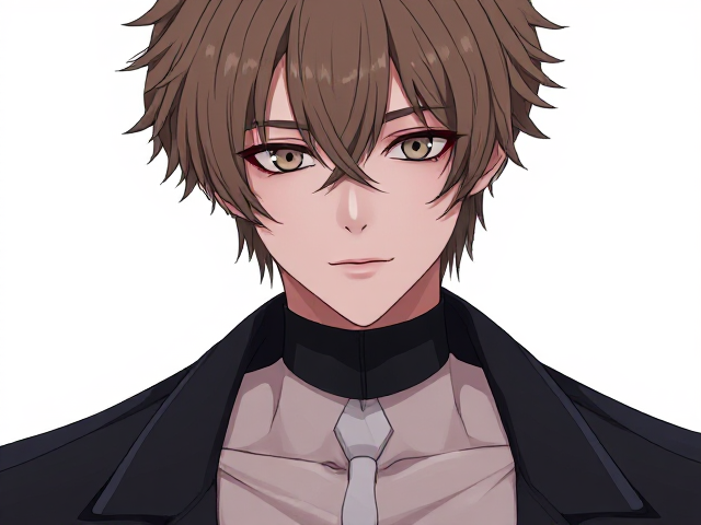 The personnage have a black glaces with court brun hair is a man