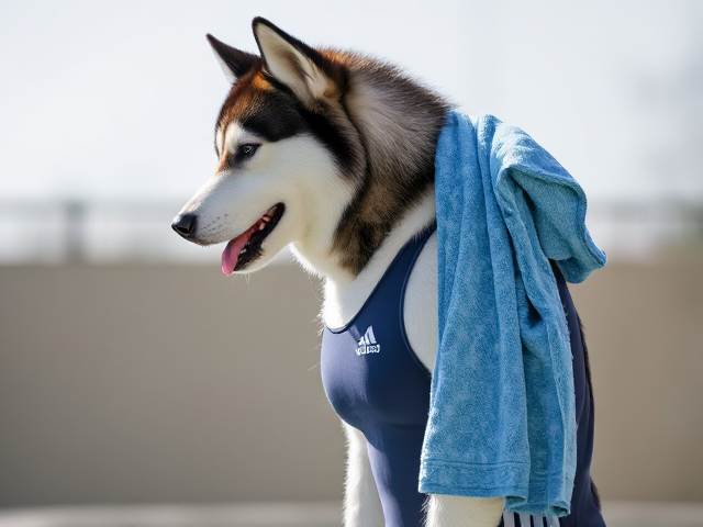A tall anthropomorphic Siberian husky wearing an adidas swimsuit drying off with a towel
