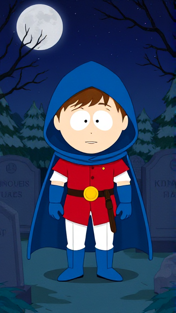 Dramatic Cartoon scene: Clyde Donovan from South Park, light skin and brown hair, but as a 14-Year Old teenager, dressed as a medieval prince, wearing a red shirt with white sleeves, a black belt with a gold buckle, white pants, blue boots, blue long-cuffed gloves, and wreathed in a really big, heel-length long, ultra-wide blue hooded cape around his neck held up by a golden button. He is now known as Prince Donovan. Despite still being a teen-age kid, he is the Youngest Ruler of South Park, Colorado, but now reborn as the real life Kingdom of Kupa Keep, Zaron, and Prince Donovan is its youngest and greatest hero. The young teen-age prince of Kupa Keep is currently standing in a graveyard at night, visiting the grave of his deceased mother, paying his respects while he wishes she could have seen the prince he has become.