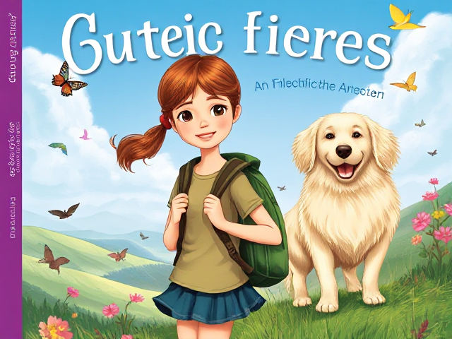 children's fiction book cover for girls aged 7-12, featuring an 11-year-old girl with hazel eyes and copper brown long hair in a pony tail with a red ribbon, wearing a backpack and investigating a mystery. She stands on a fantasy hillside, surrounded by butterflies and birds. Next to her is an excited long-haired cream-colored dog with long floppy ears. Both are searching for clues