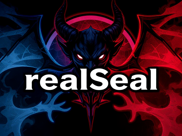, text that says realSEAL in the middle with a demon or other mystical beings head above or behind it, color scheme: black, red, blue and white