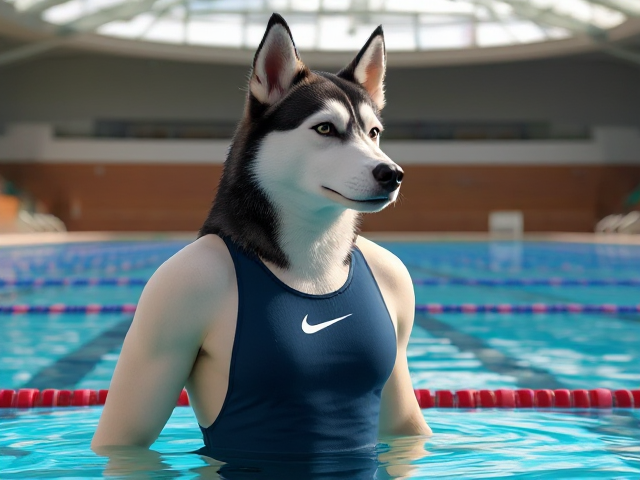 A tall anthropomorphic Siberian husky with a long torso and broad shoulders, wearing a high cut Nike one piece swimsuit, in a Olympic swimming pool