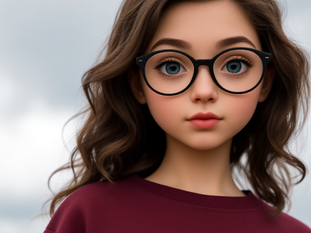 Pale petite girl, teal eyes, long curly brown hair, freckles over her nose, pouty lips. Wears glasses and a burgundy sweatshirt