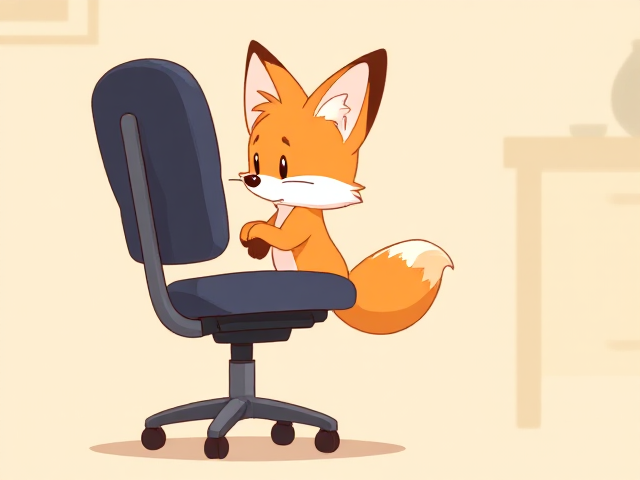 A very adorable illustration of a small two-tailed fox named Tails, struggling to climb onto an office chair due to his tiny size, with a little brown fart cloud emitting from his butt