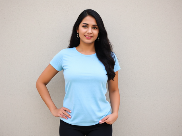 Indian lady wearing a light blue t shirt and black leggings