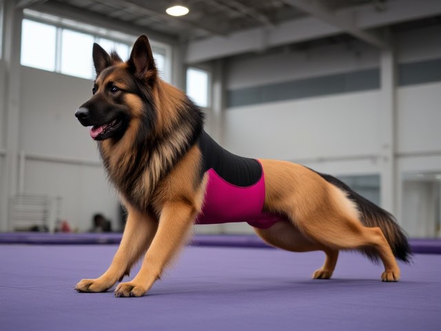 A long haired German shepherd with large hips doing pushups wearing a gymnastics leotard in a gymnasium