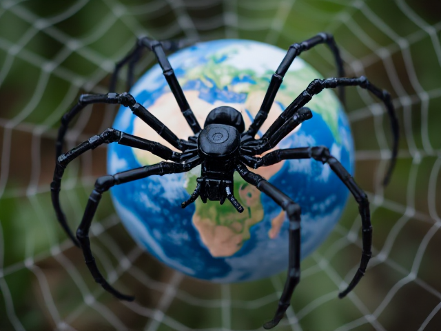 une araignee robot de métal noir tissant sa toile autour du globe terrestre,  en allusion au Web. le globe sera en vue partielle et en gros plan