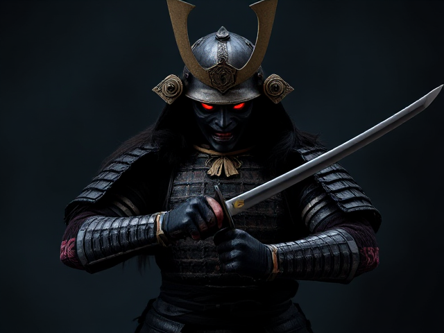 A dark, menacing samurai warrior in full battle armor stands ready, gripping his katana with both hands. His helmet has long, flowing hair and sharp, angular horns. The samurai’s face is hidden behind a fearsome mask with glowing red eyes. The background is shadowy and atmospheric, creating an ominous and intense mood. The image should be stylized in dark, gritty tones, with a focus on the samurai's details, including worn armor and the menacing aura around him.