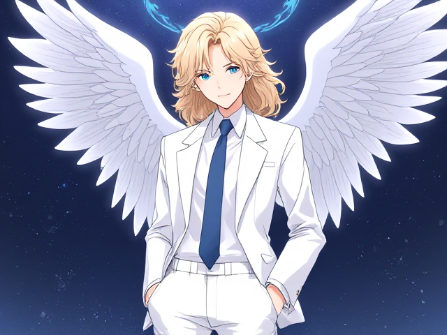 Gender: Male

Age: Adult (Seraph)

Height: 5'4"

Body type: Petite but toned body

Hair color + type: Platinum blonde curly hair, long hair that is shoulder length

Clothing: He wears a white suit, a blue tie, and white suit jacket. His slacks are also white

Eye color: Light blue

Skin color: White