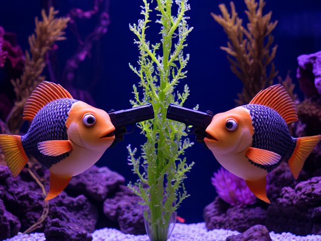 An aquarium scene featuring two animated fish, each holding a pistol, aiming at an artificial seaweed, vibrant colors and details