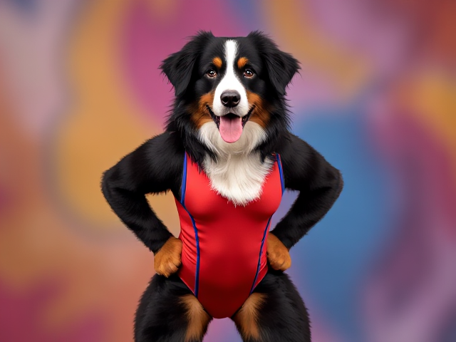 Bernese mountain dog with strong hips, wearing a colorful gymnastics leotard, in an athletic pose, vibrant background