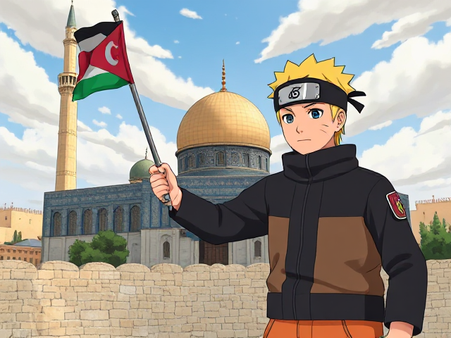 Animation of Naruto Uzumaki from Naruto protecting Masjid Aqsa while holding a Palestine Flag