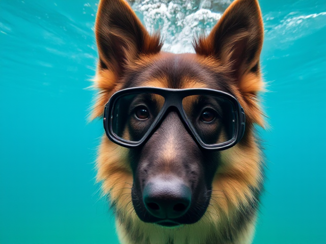 Long haired German shepherd freediving goggles