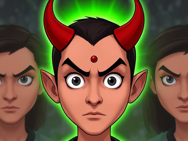 create a character with a neutral but intense expression. He should have wide-open eyes staring straight ahead. Add red devil horns digitally on top of his head and place a small, centered third eye on his forehead for a humorous 'sigma' or spiritual effect. Behind this character, apply a green glow or aura to make him visually pop out and stand apart from the rest.