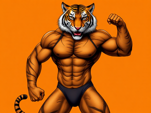 Anthropomorphic tiger with a muscular build, wearing a sleek, form-fitting one piece swimsuit, detailed fur texture, dynamic pose, vivid colors