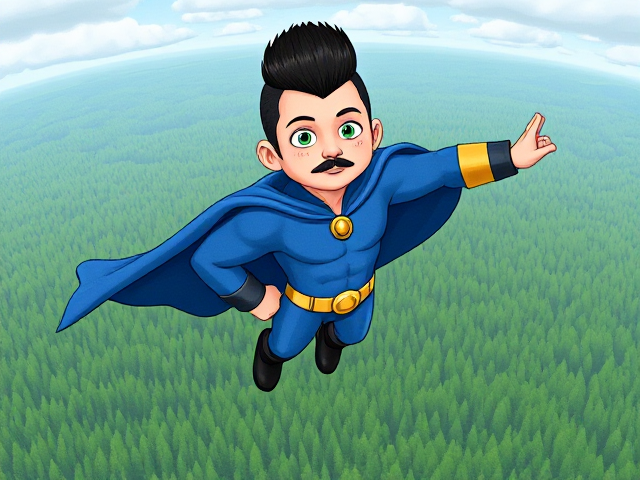 2D cartoon scene: A preteen 12-year old boy with light skin and freckles on his cheeks named Kyle Lipton, but transformed into a superhero named Dr. Dimensionpants, who, despite still being a kid, has an extremely muscular body. He wears a tight blue hood outlined by a yellow line, with a smooth, slicked back black mohawk on top. He also wears a sleek blue bodysuit outlined with yellow lines on the cuffs of the sleeves and pants, a golden belt with a circular buckle, black boots, and a really big, toe-length, ultra-wide blue cape with a really big collar outlined with yellow lines wreathed around his neck held up by a golden button. The pupils in his eyes are green, and he has a black twin moustache. He also has incredible, invincible, and cosmic superpowers flowing through his veins. He is currently flying through the sky high above a vast forest, searching for a lost citizen to rescue.