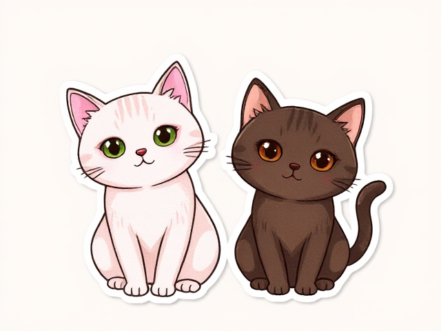 Deux. Dessins de chats mignons.
Premier chat : a le poil rose et les yeux verts.
Deuxième chat : a le poil bruns foncé et les yeux bruns aussi.