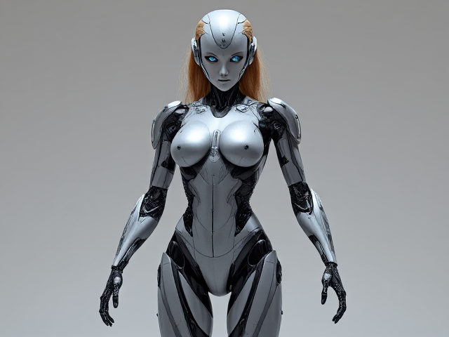 Futuristic humanoid female robot, sleek design, advanced technology, glowing elements, metallic texture, intricate details, dynamic pose, Macintosh, blonde hair , head, torso, legs