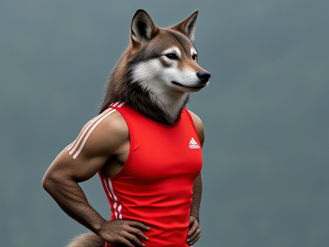 A anthropomorphic wolf wearing an adidas maillot swimsuit