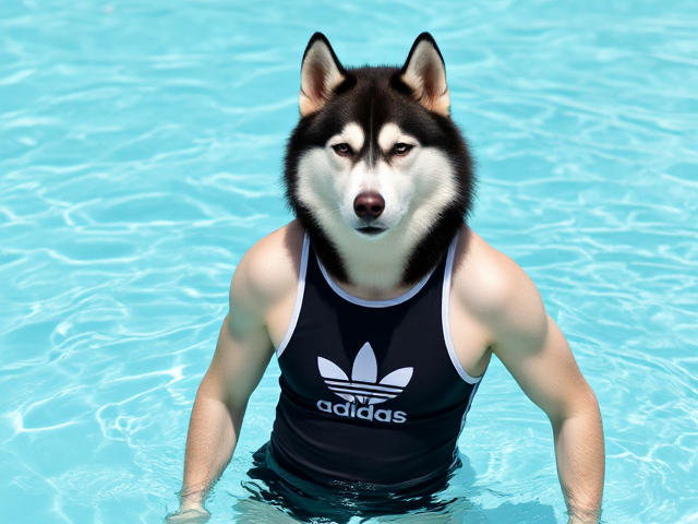 A handsome anthropomorphic Siberian husky wearing an adidas swimsuit