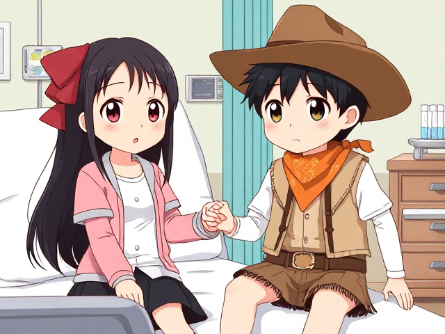 Aquí tienes un posible prompt detallado para generar una ilustración similar a esta en una herramienta de inteligencia artificial como MidJourney, DALL-E, o Stable Diffusion:
---
"Cute anime-style illustration, a girl with long black hair and a large red bow on her head, wearing a pink jacket over a white shirt, and a black skirt, sitting on a hospital bed, holding hands with a boy who has a cowboy theme. The boy has spiky black hair, a brown cowboy hat, a beige vest with black fringes, an orange bandana, and a brown belt with a large buckle. The background shows a hospital room with medical equipment, including a tray with test tubes and a cabinet with drawers. The scene is heartwarming and emotional, detailed anime art, soft shading, vibrant colors, high-quality illustration."
---
Si quieres ajustar algún detalle específico, como la expresión de los personajes o algún otro elemento, puedes modificar el prompt según tus necesidades.