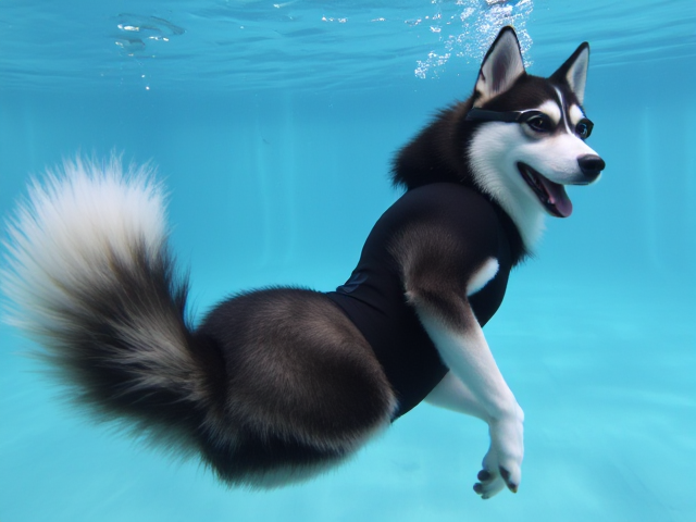 A anthropomorphic Siberian Husky wearing a neoprene swimsuit and goggles showing off her tail and hips underwater