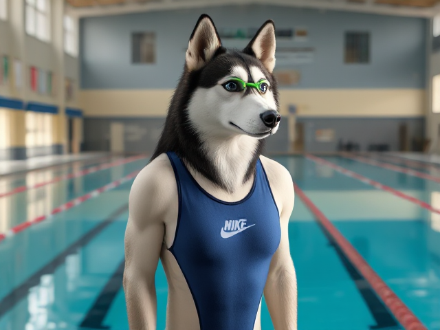 A tall anthropomorphic Siberian husky with a long torso and broad shoulders wearing a high cut Nike one piece swimsuit and swimming goggles at a high school swimming pool