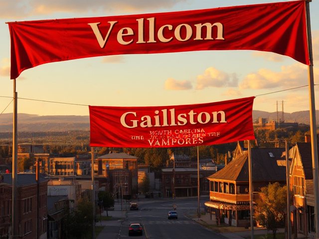 A small hometown with a red banner with welcome to Gailston south Carolina home of the vampires written on it in white and a small baseball stadium