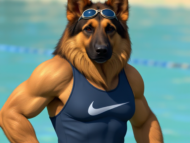 A tall anthropomorphic long haired German shepherd with a long torso and broad shoulders wearing a high cut Nike one piece swimsuit and swimming goggles