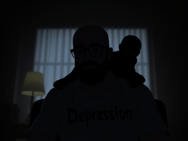 A animated image in the style of telltale walking dead,  a silhouette of a young bald Muslim man with a bushy beard and wearing black-framed eyeglasses is seen sitting in a lit room surrounded by darkness with a separate shadow entity clinging to his shoulders only having grey eyes and on the body the entity has the word Depression on it.