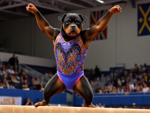 Anthropomorphic Rottweiler with a muscular physique, wearing a vibrant, intricately designed gymnastics leotard adorned with sparkling sequins and colorful patterns, performing a complex routine on the balance beam. The scene captures the dog's impressive agility and strength, its expressive eyes showing determination and focus. The detailed fur texture is rendered with lifelike realism, each strand of fur visible. The well-lit gymnasium setting includes a captivated audience, some with cameras flashing, seated in stadium-style seating. Banners and flags decorate the background for added authenticity