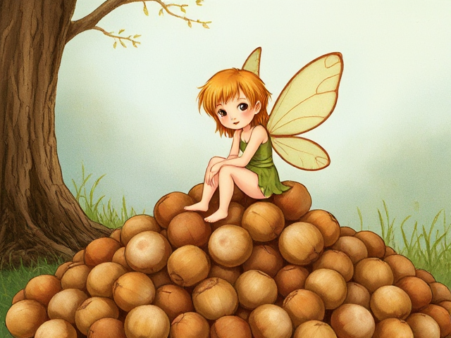 Children’s book illustration of a Fairy sitting on a pile of unshelled hazelnuts