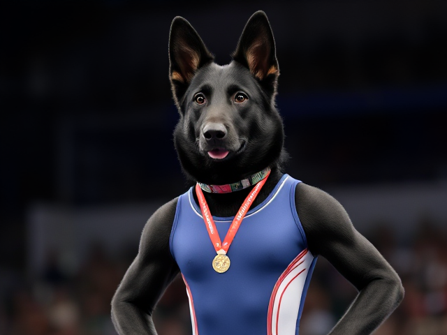 A anthropomorphic black German shepherd Olympic gymnast wearing a leotard