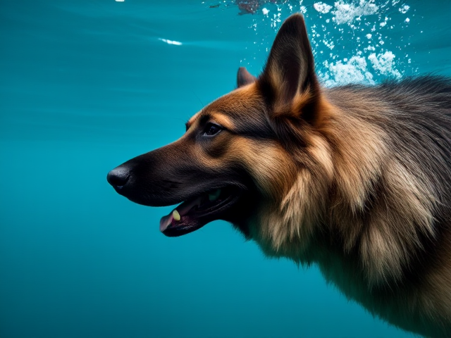 A long haired German shepherd prepares for a long freedive