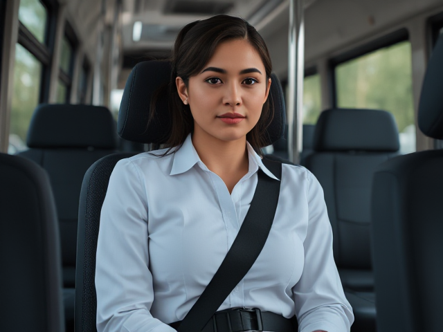 Fit Young business Woman on the bus buckled up in a special needs carseat with 5 point harness