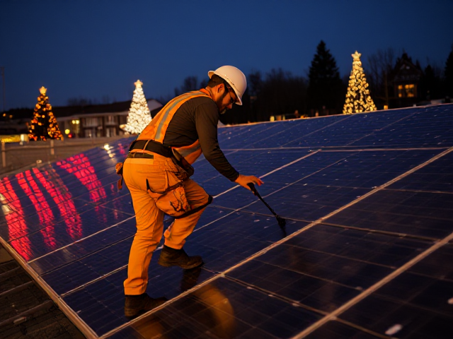 genere moi une image aux couleurs et avec des éléments de noel ou je peux y voir un ouvriers du batiment  travaillant sur un chantier de panneaux solaires habillé avec un pantalon de travail carpenter
